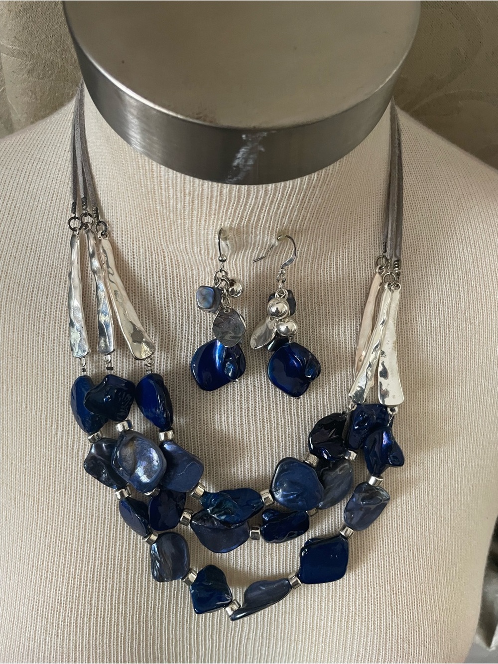 Silver-Tone Blue Stone Multi-Strand Necklace & Earrings Set